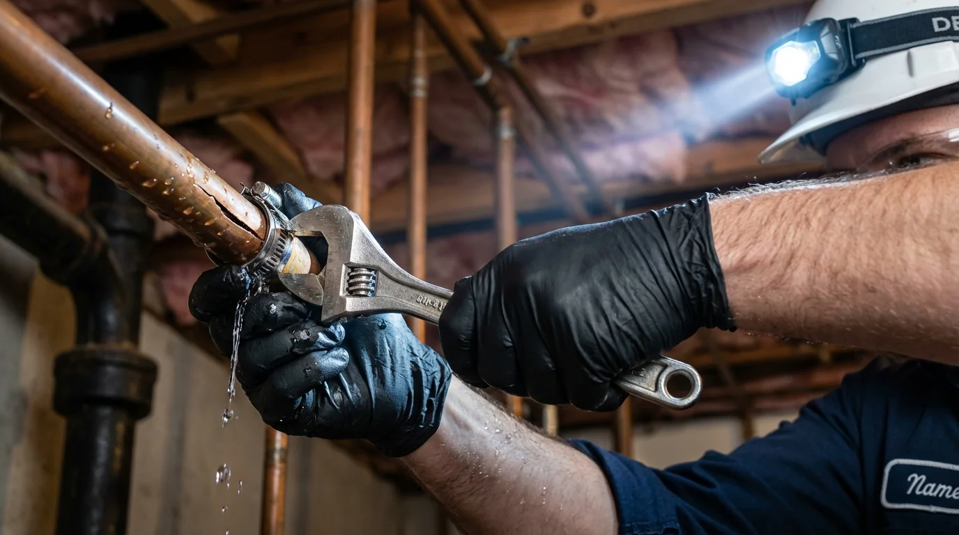 Emergency pipe clamp repair being performed by a Johns Plumbing LLC plumber in Kane