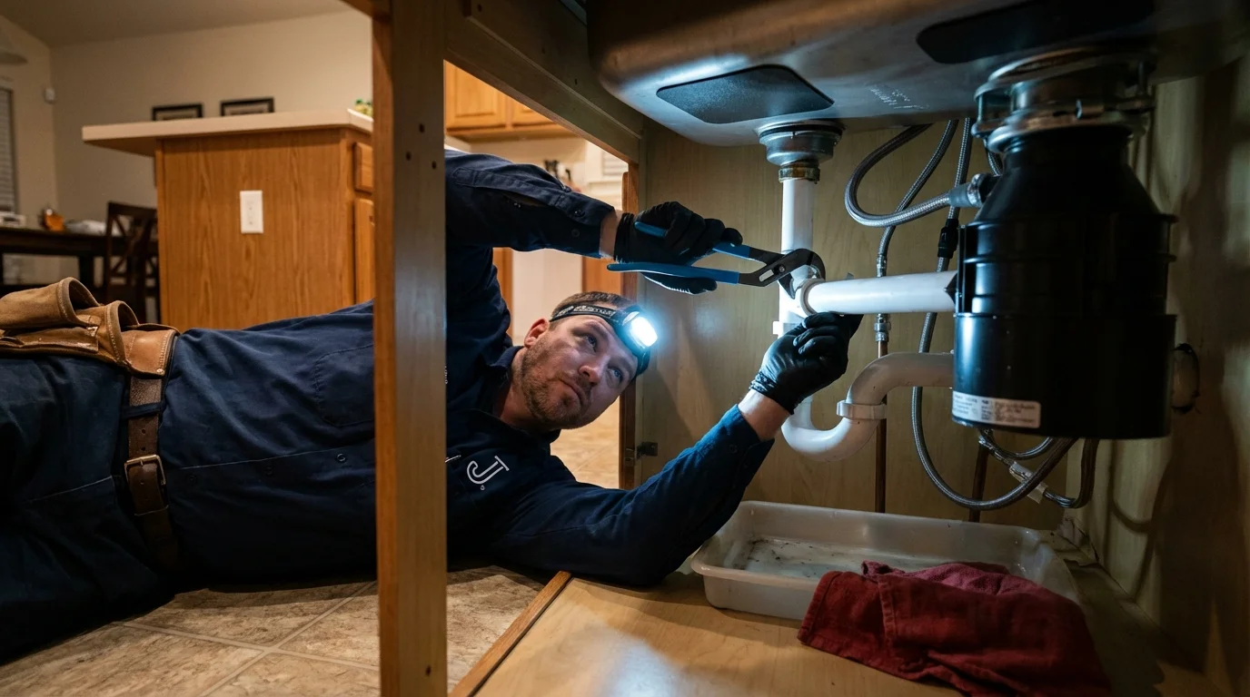 P-trap and supply line connections under a kitchen sink showing a common leak point in Kane, PA